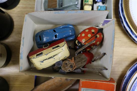 Various pre-war Dinky cars, tinplate toys, two mickey mouse felt toys, boxed street gas lamp etc